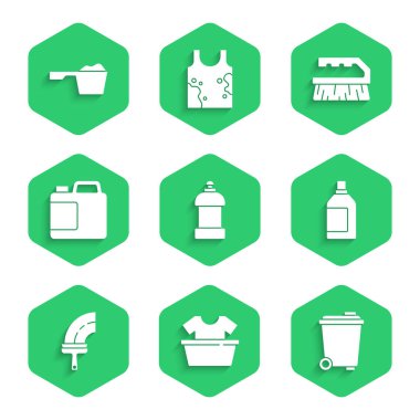 Temizlik malzemesi için şişe, gömlekli leğen, çöp tenekesi, temizleyici pencereler, fırça ve çamaşır tozu ikonu. Vektör