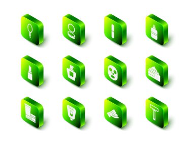 Makyaj tozunu ayna, tırnak törpüsü, parfüm, krem losyon kozmetik tüpü, tıraş bıçağı, yüz maskesi ve solunum cihazı ikonu ile ayarla. Vektör