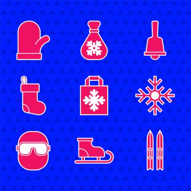 Noel alışveriş çantası, artistik patenler, kayak ve sopalar, kar tanesi, gözlük, çorap, mutlu zil ve eldiven ikonu. Vektör