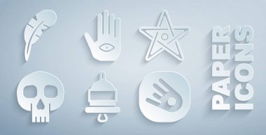 Alarm zilini, Pentagram 'ı, Kafatası' nı, Kuyrukluyıldız 'ın hızla düşüşünü Hamsa elini ve Tüy kalem simgesini ayarla. Vektör