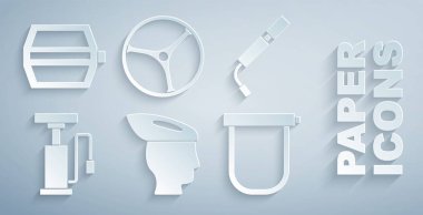 Bisiklet kaskını, hava pompasını, kilidi, tekerleği ve pedal simgesini ayarla. Vektör