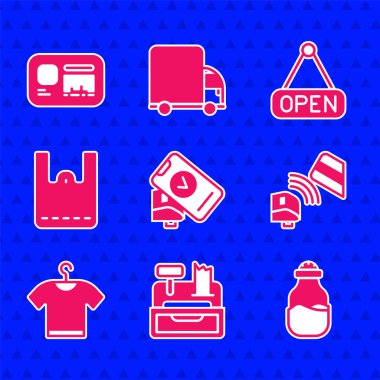 POS terminalini, yazar kasa makinesini, Spice kutusunu, kredi kartı, tişört, kağıt alışveriş torbası, asma işareti açık ve kimlik kartı simgesiyle ayarla. Vektör