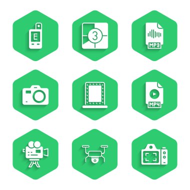 Makyaj aynasını ışıklar, İHA uçuşu, fotoğraf makinesi, MP4 dosya belgesi, Retro sinema, MP3 ve Light meter simgesi ile ayarla. Vektör