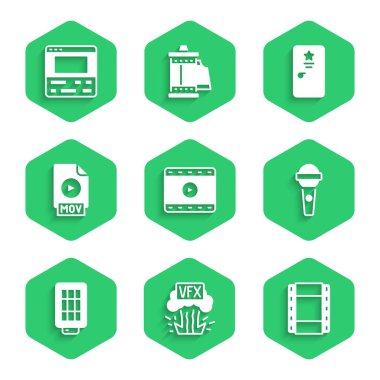 Play Video, VFX, Microphone, Softbox light, MOV dosya belgesi, sahne arkası ve kaydedici dizüstü bilgisayar simgesi. Vektör