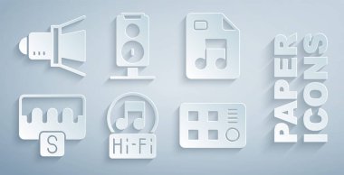 Müzik notasını, tonunu, MP3 dosya belgesini, dalga eşitleyicisini, bateri makinesini, müzik hoparlörünü ve spot ışığı ikonunu ayarla. Vektör