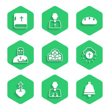 Lekeli cam, Eller dua pozisyonu, kilise çanı, kutsal haç çemberi, kalp, şövalye haçlısı, ekmek somunu ve kutsal İncil ikonu. Vektör