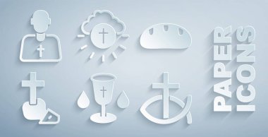 Hıristiyan kadehi, ekmek somunu, haç, balık, din adamı ve papaz simgesi. Vektör