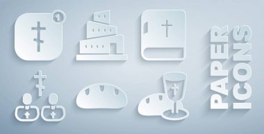 Ekmek somunu, Kutsal İncil kitabı, Rahip, Kadeh ve Ekmek, Babil Kulesi hikayesi ve kilise papazının vaaz vermesi. Vektör