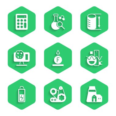 Fizik Formülünün Gücü, zaman ayarlı kemer kiti, elektrik santrali, temel geometrik şekiller, pil, genetik mühendislik, yükseklik geometrik figür ve hesap makinesi simgesi. Vektör