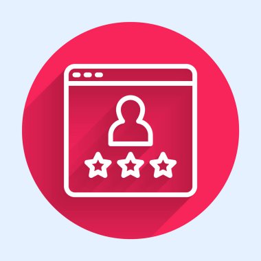 Beyaz çizgi tüketicisi veya müşteri ürün değerlendirme simgesi uzun gölgeli izole edilmiş. Kırmızı daire düğmesi. Vektör.