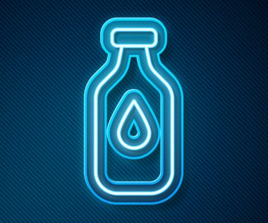Parlayan neon hattı mavi arka planda izole edilmiş su ikonu. Soda su içme tabelası. Vektör.