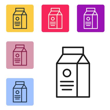 Süt simgesi için siyah çizgi kağıt paketi beyaz arka planda izole edildi. Süt paketi işareti. Renkli kare düğmelerle simgeleri ayarla. Vektör