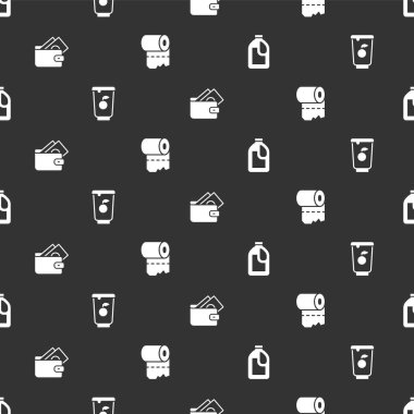 Temizlik şirketi için şişe, yoğurt konteynırı, para dolu cüzdan ve dikişsiz tuvalet kağıdı. Vektör