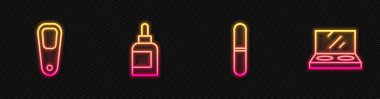 Tırnak törpüsü, ayak için sünger taşı, krem losyon kozmetik tüp ve aynalı makyaj tozu. Parlayan neon ikonu. Vektör