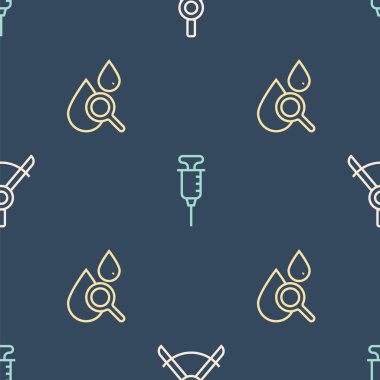 Çizgi çizme pusulayı, düşüşü, büyüteci ve şırıngayı pürüzsüz desene ayarlayın. Vektör