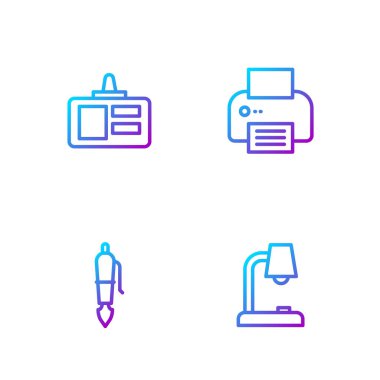 Masa lambası, dolma kalem ucu, kimlik kartı ve yazıcı. Renk simgeleri. Vektör