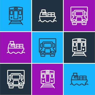 Tren ve demiryolu, kargo kamyonu ve kutu teslim ikonlu kargo gemisi ayarlayın. Vektör