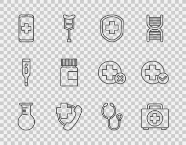 Test tüpü ve matara, ilk yardım çantası, çapraz tıbbi kalkan, hastaneye acil telefon çağrısı, cep telefonu, ilaç şişesi, stetoskop ve Cross tıbbi ikonu hazırlayın. Vektör