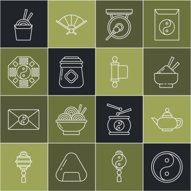 Sıra Yin Yang, Çin çay seremonisi, çubuklu pirinç kasesi, bal kavanozu, Asya eriştesi karton kutu, çubuk ve kararname, kağıt, parşömen, parşömen ikonu. Vektör