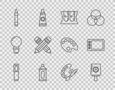 Satır İşaretleyici kalem, sprey başlık, kalem açacağı, çizim için balmumu kalemler, silgiyle çapraz kalem, boya fırçası paleti ve grafik tablet simgesi. Vektör