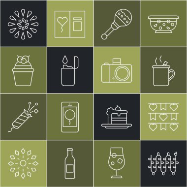 Çizgi ışıkları, bayraklı karnaval çelengi, sıcak şarap, Maracas, Çakmak, Kek, Havai fişek ve fotoğraf makinesi ikonu. Vektör