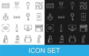 Hat polis elektrik şoku, web sitesi şablonu, kapalı asma kilitli mobil, anahtar, flasher siren, sistem hatası konsepti, kredi kartı ve eski anahtar simgesi. Vektör