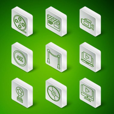 Satır çevrimiçi oynatma videosu, CD veya DVD diski, Film makarası, engelli halı, 4k Ultra HD, Film alkışlayıcısı, kupa ve simge. Vektör