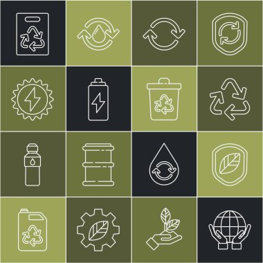 Line Hands holding Earth globe, Shield with leaf, Recycle sembolu, Refresh, Pil, Güneş enerjisi paneli, kağıt torba geri dönüşümü ve çöp kutusu ikonu. Vektör