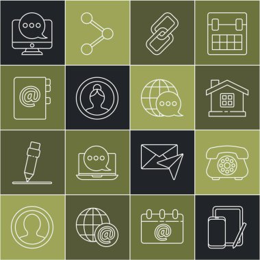 Satır Telefonu ve Grafik Tableti, Telefon, Ev, Zincir Bağlantısı, Hesap Ekranı, Adres Defteri, Sohbet ileti Bildirimi İzleyicisi ve Konuşma Kabarcığı simgesinden yapılmış Dünya haritasını ayarla. Vektör