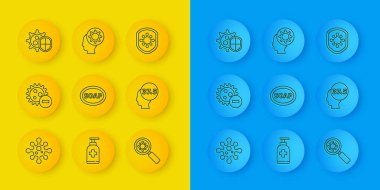 Hat virüsü, negatif virüs, sabun kalıbı, büyüteç altında, yüksek vücut ısısı, kalkan koruması, ve insan ve ikon. Vektör