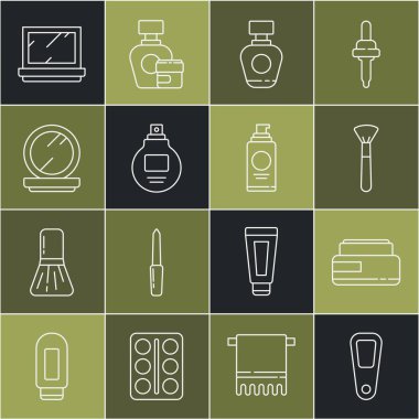 El aynası, krem losyon kozmetik tüp, makyaj fırçası, parfüm, pudra ve saç spreyi ikonu için sprey kutusu ayarla. Vektör