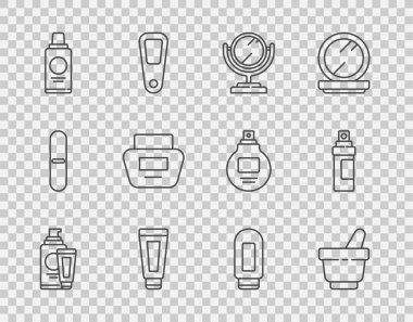 Krem veya losyon kozmetik tüpü, havan topu ve tokmak, yuvarlak makyaj aynası, şampuan şişesi ve parfüm ikonu. Vektör