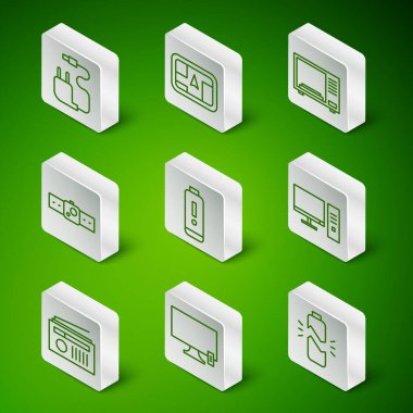 Hattı ayarla. Kırık pil, Smart Tv, şarj aleti, pil seviyesi göstergesi, Smartwatch, haritalı GPS cihazı, radyo anteni ve bilgisayar monitörü simgesi. Vektör