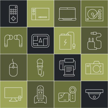 Hat sensörü, fotoğraf makinesi, şarj aleti, dizüstü bilgisayar, haritalı GPS cihazı, kulaklıklar, uzaktan kumanda ve elektrik bankasının kablo ikonu. Vektör