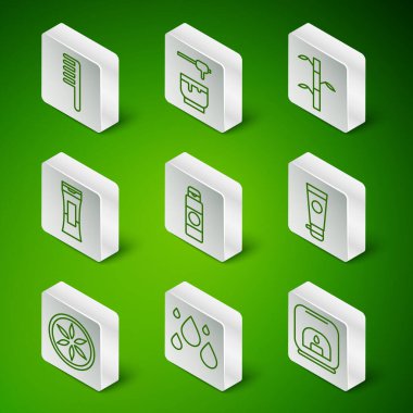 Aroma lambası, su damlası, saç fırçası, krem veya losyon kozmetik tüpü, şampuan şişesi, ballı şeker çubuğu ve kase, yapraklı bitki ve ikon. Vektör