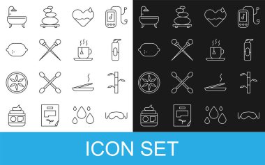 Çizgili göz maskesi, yapraklı bambu sapları, saç spreyi kutusu, kalp tedavisi, örgü iğneleri, limon, küvet ve çay poşeti ikonu. Vektör