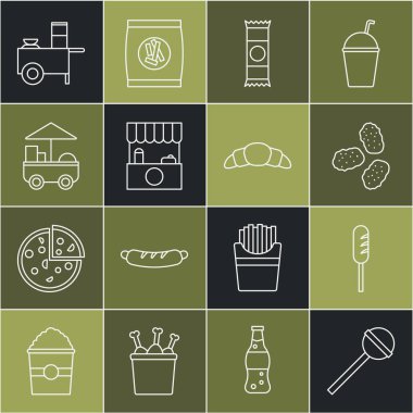 Set hattı, lolipop, kızarmış sosis, tavuk nugget, çikolata, tenteli sokak tezgahı, Fast street food seti ve kruvasan ikonu. Vektör
