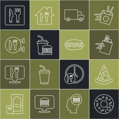 Donut, Pizzanın Dilimi, İnternetten sipariş ve teslimat, Hızlı araba, Paper Glass Burger, Cafe restoranı konumu ve Hotdog sandviç ikonu. Vektör