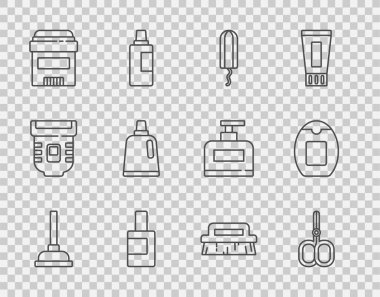 Lastik pompa, tırnak makası, hijyenik tampon, temizlik malzemesi için şişe terleme önleyici deodorant rulo, fırça ve şampuan ikonu. Vektör