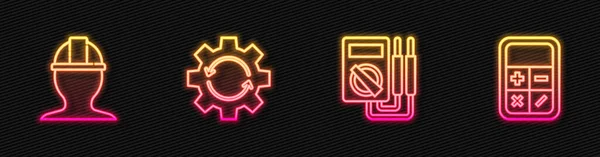 Set Lijn Multimeter Worker Veiligheidshelm Gear Pijlen Als Workflow Calculator — Stockvector