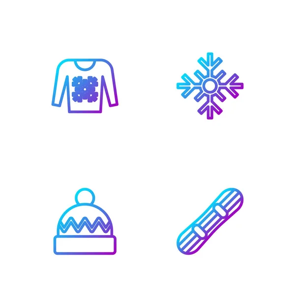Linea Set Snowboard Cappello Invernale Maglione Natalizio Fiocco Neve Icone — Vettoriale Stock