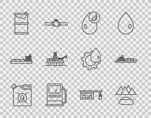 ラインを設定自動車用機械油 バイオ燃料 ガソリンスタンド バレルリーク プラットフォーム海 ガス充填とタンカー船のアイコンのためのキャニスター ベクトル — ストックベクタ