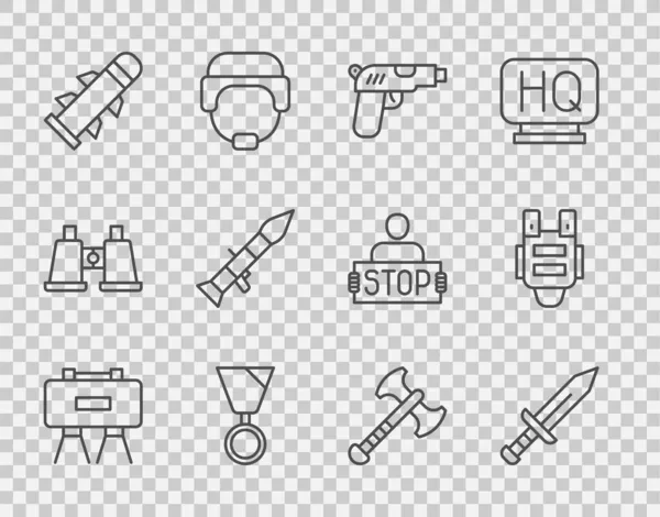 军用地雷 发射器 战斧和防弹背心图标 — 图库矢量图片