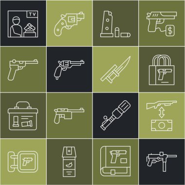Hafif makineli tüfek M3, saldırı tüfeği, tabanca, silah şarjörü ve mermiler, Revolver, Mauser, Reklam Silahı ve Süngü ikonu. Vektör