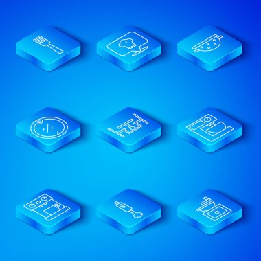 Sıralı kahve makinesi, sandalyeli ahşap masa, blender, elektrikli karıştırıcı, mutfak süzgeci, kesme tahtası, çatal ve manuel kahve öğütücü ikonu. Vektör