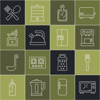 Hattı ayarla, mikrodalga fırın, çatal, kahve makinesi, kesme tahtası, saplı kettle, el yapımı kahve öğütücüsü, çapraz çatal kaşığı ve buzdolabı ikonu. Vektör
