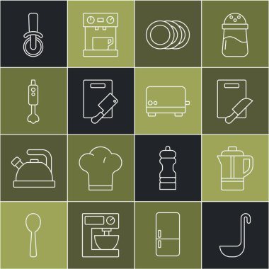 Mutfak kepçesi, çaydanlık, kesme tahtası, bıçak, tabak, et helikopteri, blender, pizza ve tost makinesi ikonu. Vektör