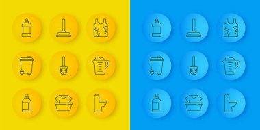 Temizlik malzemesi, çöp tenekesi, tuvalet fırçası, klozet, çamaşır tozu, kirli tişört ve plastik pompa ikonu için bir sıra hazırla. Vektör