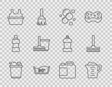 Köpük, çamaşır tozu, sabun köpüğü, sıcak suyla yıkama, havza gömleği, süpürge ve kova, temizlik malzemesi şişesi ve süpürge ikonu koyun. Vektör