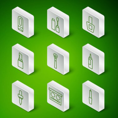 Tırnak törpüsü, göz farı paleti, şampuan şişesi, makyaj fırçası, ruj, Mascara, Pipette ve Krem veya losyon kozmetik tüp ikonu. Vektör